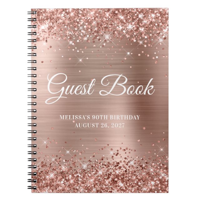 Caderno Espiral Gliter Rosa Gold Foil 90 de Aniversário Guestbook (Frente)