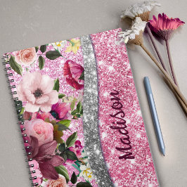 Caderno Espiral Gliteria floral crônica Monograma prateado roxo co