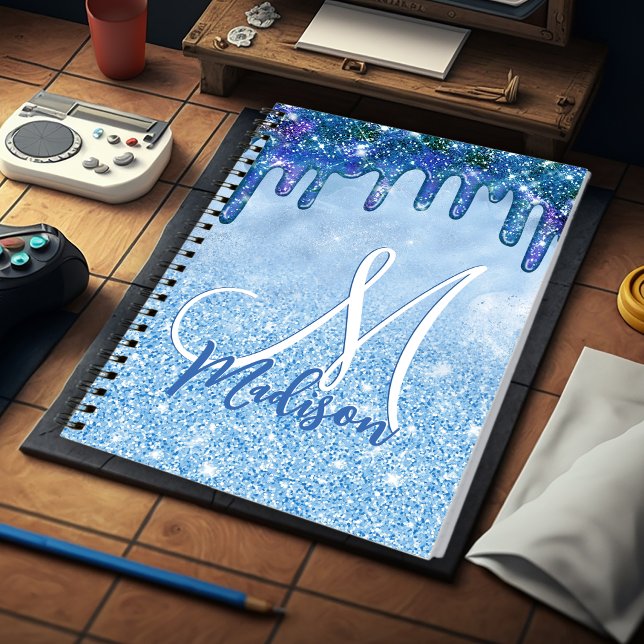 Caderno Espiral Glitter azul-glúteo azul pinga monograma notebook (Criador carregado)