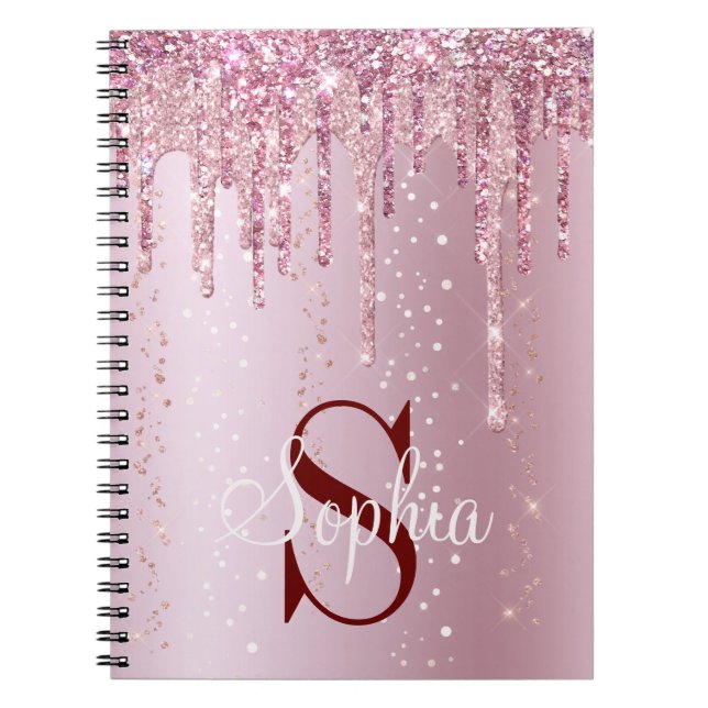 Caderno Espiral Glitter de Dissipação Dourada de Rosa Monograma (Frente)
