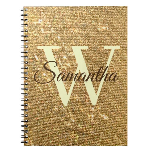 Caderno Espiral Glitter de Frost do Monograma de Script Dourado (Frente)