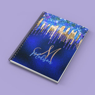 Caderno Espiral Glitter de ouro unicórnio azul-chic monograma