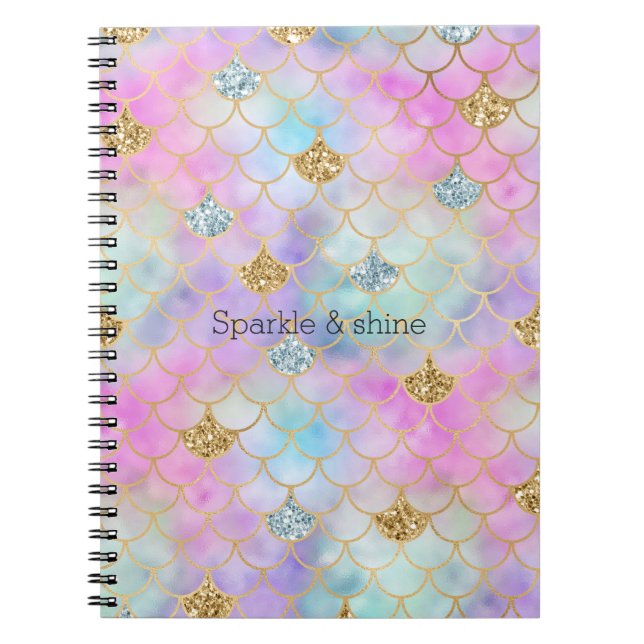 Caderno Espiral Glitter de Sereia Dourada Rosa Púrpura (Frente)