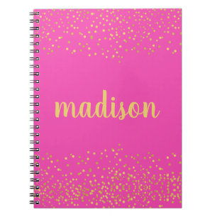 Caderno Espiral Glitter Dourado Confetti   Espiral Rosa Quente