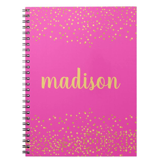 Caderno Espiral Glitter Dourado Confetti | Espiral Rosa Quente (Frente)