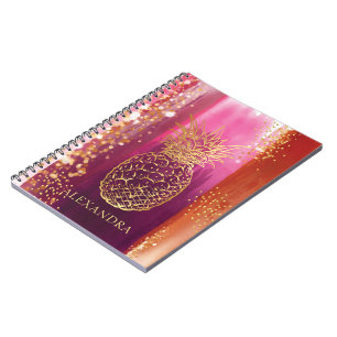 Caderno Espiral Glitter Dourado de abacaxi rosa personalizado