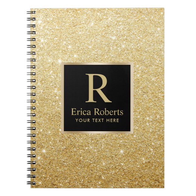 Caderno Espiral Glitter Dourado de Faux Moderno Dourado do Monogra (Frente)