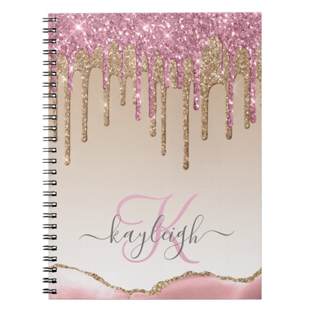 Caderno Espiral Glitter Dourado Girly Rosa Monograma Glitter (Frente)