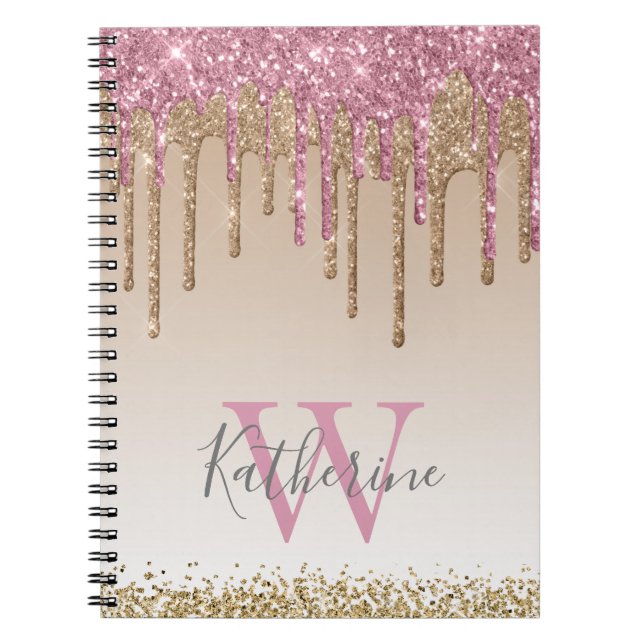 Caderno Espiral Glitter Dourado Girly Rosa Monograma Glitter (Frente)