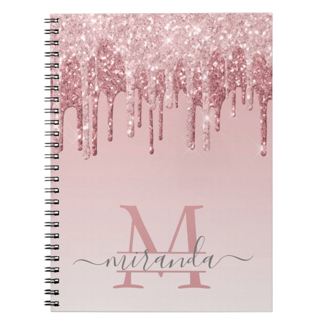 Caderno Espiral Glitter Dourado Girly Rosa Monograma Glitter (Frente)