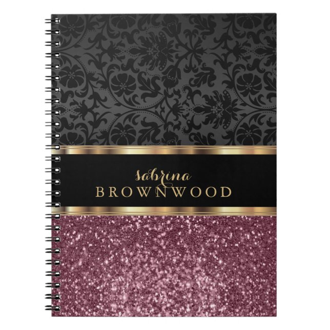 Caderno Espiral Glitter Dourado rosa e Damasco preto (Frente)