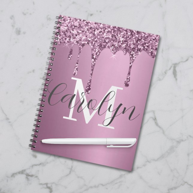 Caderno Espiral Glitter Dripe Rosa Blush Girly Pink Nome do Monogr (Criador carregado)