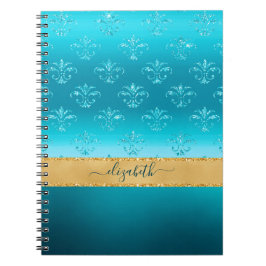 Caderno Espiral Glitter Elegante Dourado Turquesa Personalizado