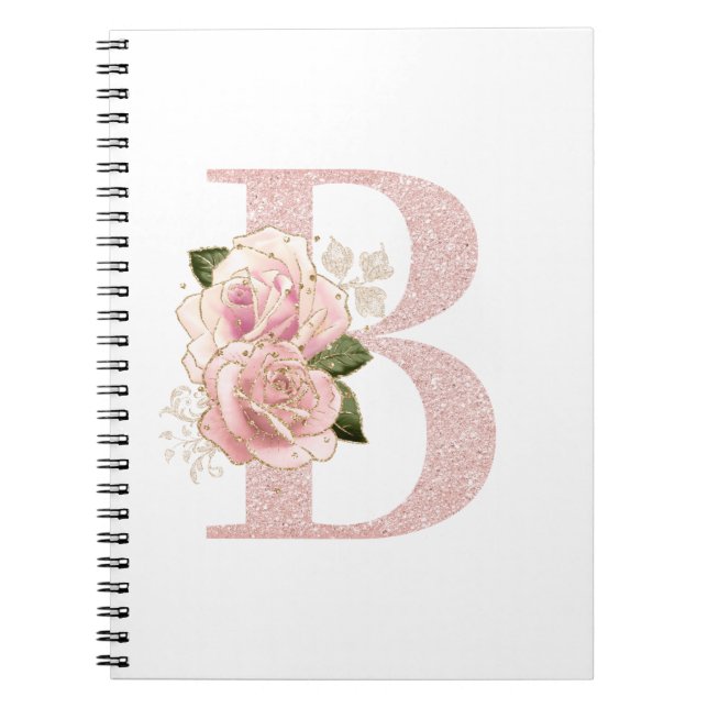 Caderno Espiral Glitter Floral Monograma B com Rosa Dourado de Gir (Frente)