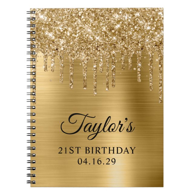 Caderno Espiral Glitter Glitter Dourado aniversário de 21 anos Met (Frente)
