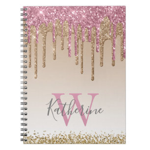Caderno Espiral Glitter Glitter Dourado Rosa feminino Monograma