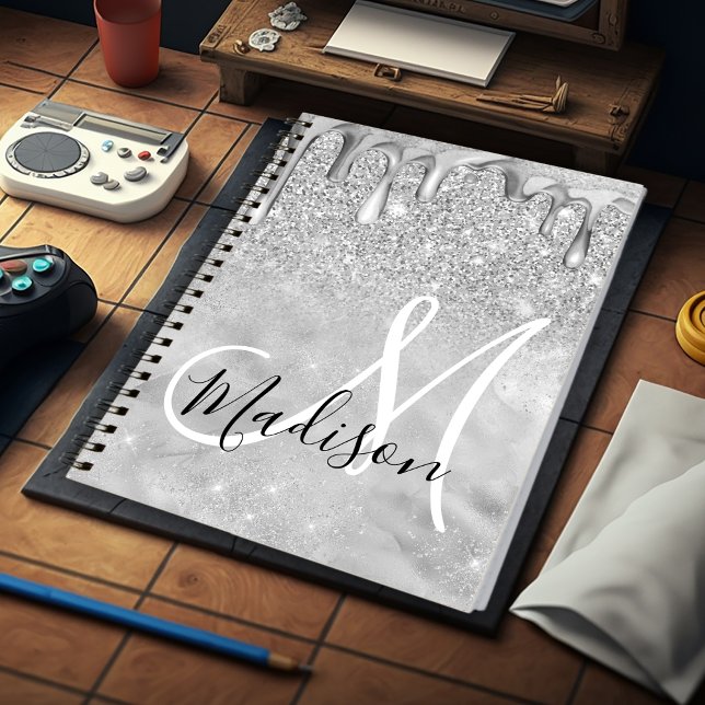 Caderno Espiral Glitter mágico prateado pinga monograma (Criador carregado)