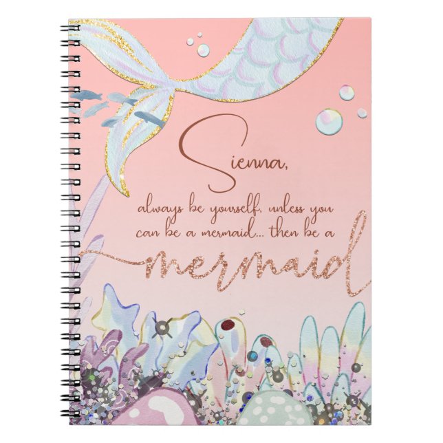 Caderno Espiral Glitter personalizado de Pastel "Seja uma Sereia" (Frente)