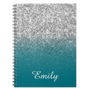 Caderno Espiral Glitter prateado e Ombre lacrimogêneo personalizad