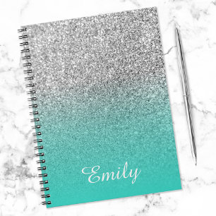 Caderno Espiral Glitter prateado e Ombre turquesa personalizados