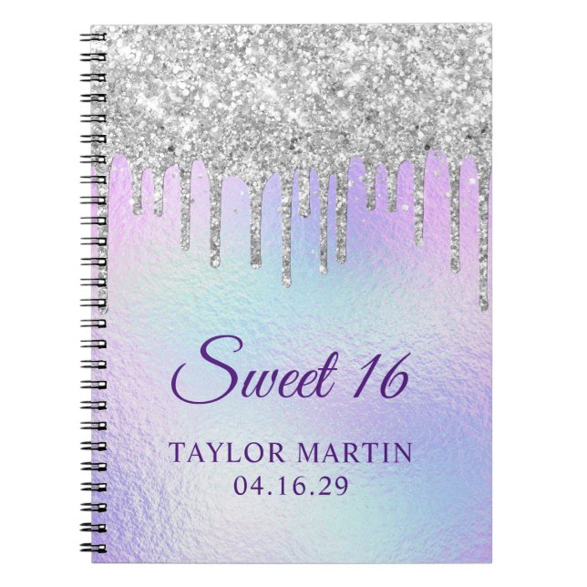 Caderno Espiral Glitter prateado gotas iridescentes Doce 16 convid (Frente)