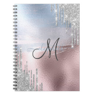 Caderno Espiral Glitter prateado gotas Rosa azul Dourado metálico