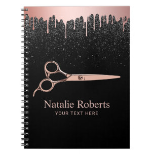 Caderno Espiral Glitter preto Rosa de tesoura Dourada com gota mod