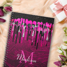 Caderno Espiral Glitter preto rosa quente quente pia pinga monogra