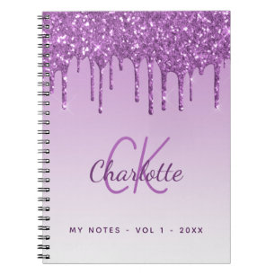 Caderno Espiral Glitter púrpura pinga monograma violeta luxo