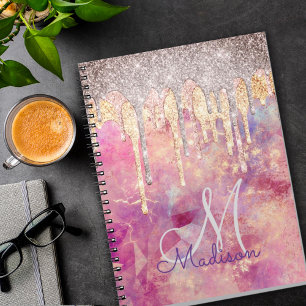 Caderno Espiral Glitter rosa rosado com rosa de microfone goteja m