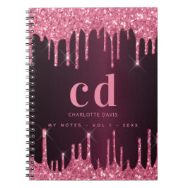 Caderno Espiral Glitter rosado borgonha pia monograma