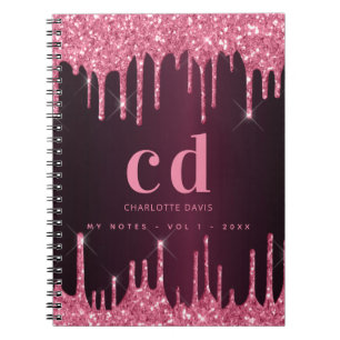 Caderno Espiral Glitter rosado borgonha pia monograma