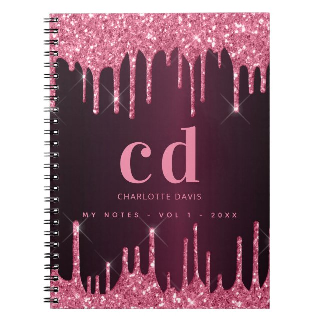 Caderno Espiral Glitter rosado borgonha pia monograma (Frente)