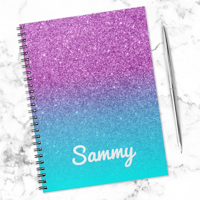 Caderno Espiral Glitter Roxo e Omã Aqua Personalizados (Criador carregado)