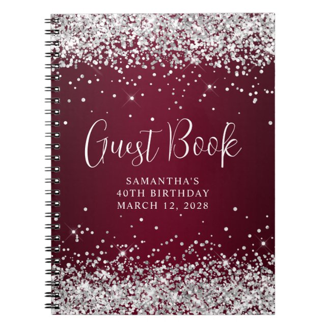 Caderno Espiral Glitter Silver Burgundy aniversário de 40 anos Con (Frente)