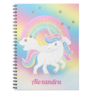 Caderno Espiral Glitter Unicorn e Rainbow com Nome Personalizado