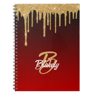 Caderno Espiral Glitter Vermelho Dourado Monograma Brilhante Girin
