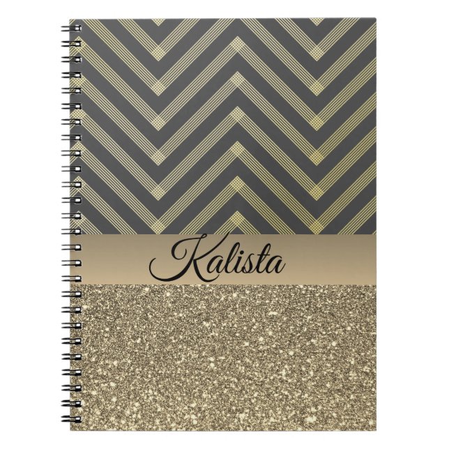 Caderno Espiral Glittery Dourada e Black Chevron (Frente)