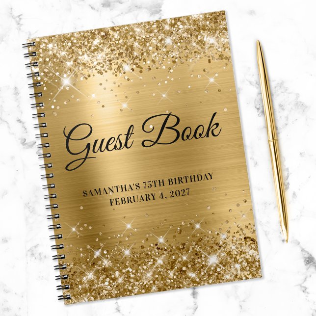 Caderno Espiral Glittery Gold Foil 75º Aniversário Guestbook (Criador carregado)