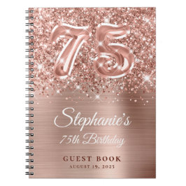 Caderno Espiral Glittery Rosa Dourado Glam 75th Birthday Guestbook