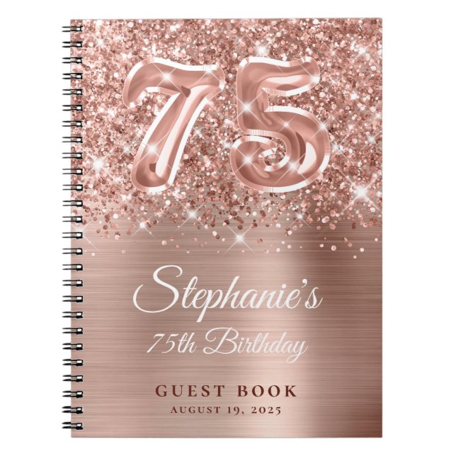 Caderno Espiral Glittery Rosa Dourado Glam 75th Birthday Guestbook (Frente)