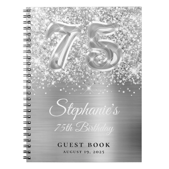 Caderno Espiral Glittery Silver Glam 75º Aniversário Guestbook (Frente)