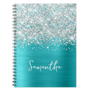 Caderno Espiral Glittery Silver Turquoise Blue Glam Nome do Script