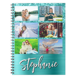 Caderno Espiral Glittery Turquoise Blue Glam 6 Photo Collage