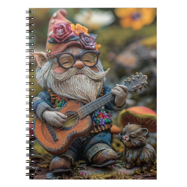 Caderno Espiral Gnomo musical bonito tocando guitarra (Frente)
