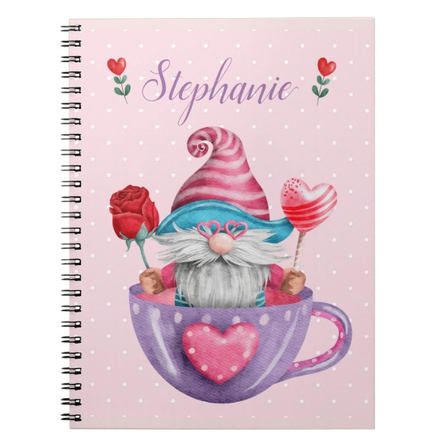 Caderno Espiral Gnomo Whimsical em Tea Cup Hearts & Flowers (Frente)