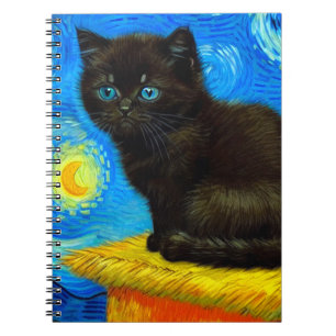 Caderno Espiral Gogh Style Starry Night Cat