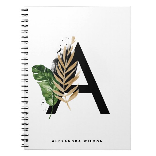 Caderno Espiral Gold Foil Tropical - Letra A Monograma Personaliza (Frente)