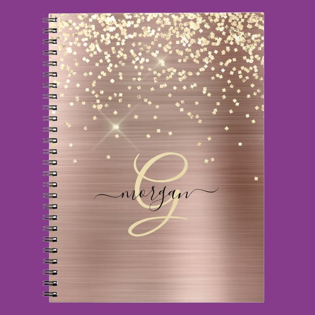 Caderno Espiral Gold Glitter, Gold Monogram, Black Script Name (Criador carregado)
