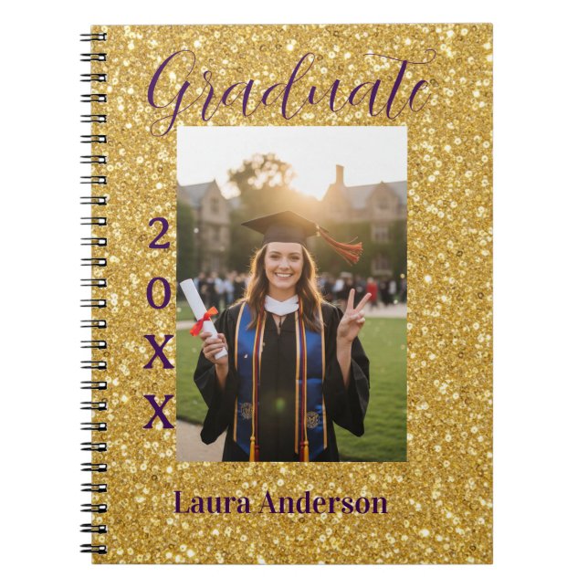 Caderno Espiral Gold glitter photo graduation add name class text (Frente)